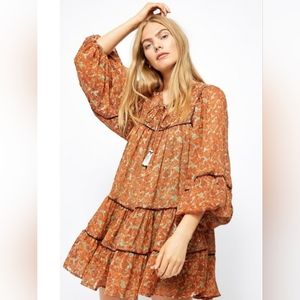 Free people Tiered Babydool Ballon Puff Orange Sheer Mini Dress Size